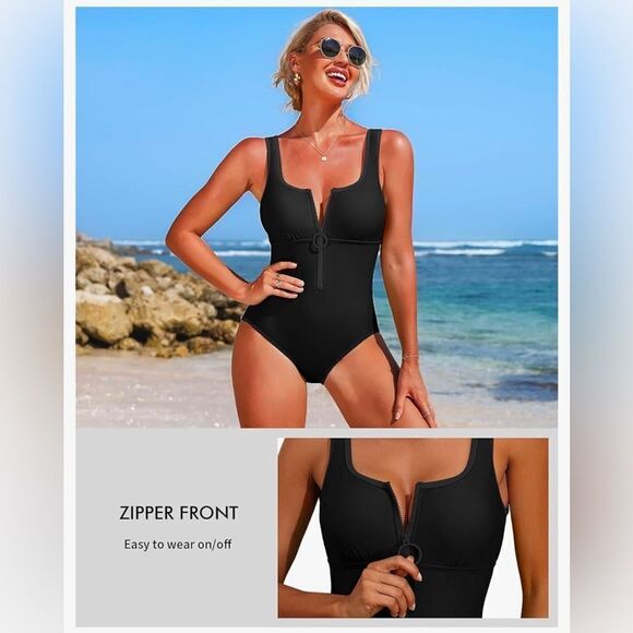 Charmo Women's One Piece Swimsuit Zipper Front Square Round Neck Monokini Small - Picture 4 of 8